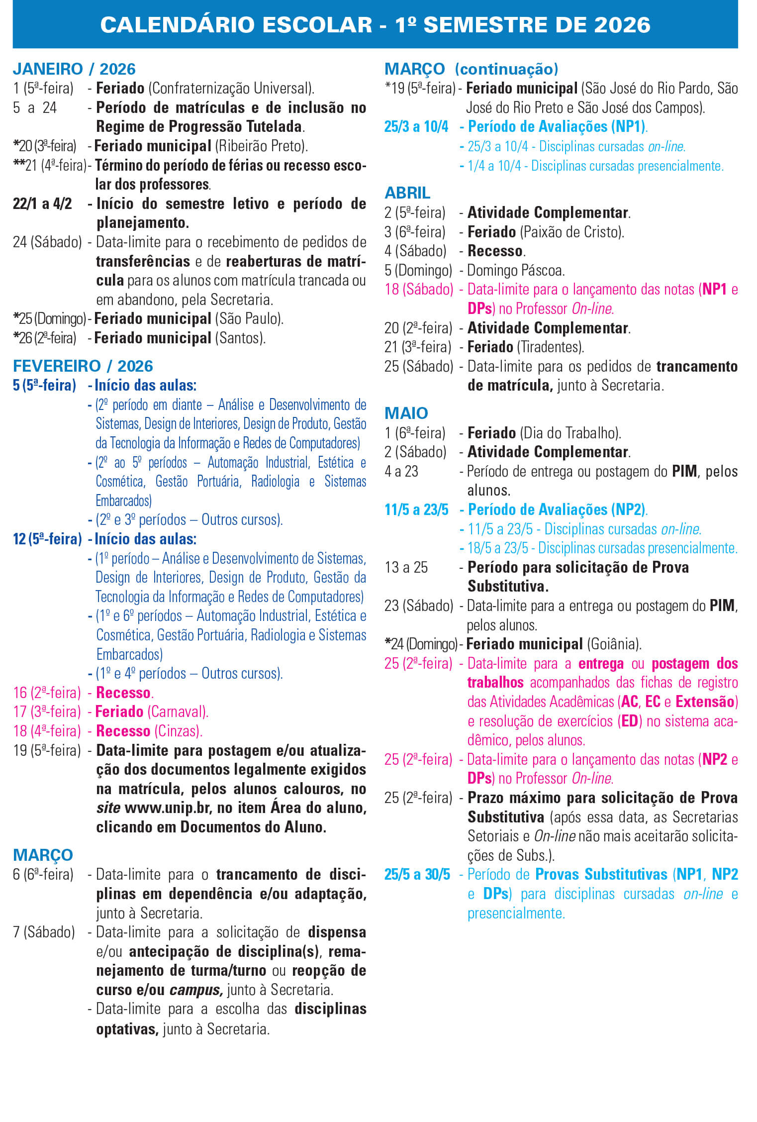 Calend&aacute;rio 2026/1 - De janeiro a junho de 2026