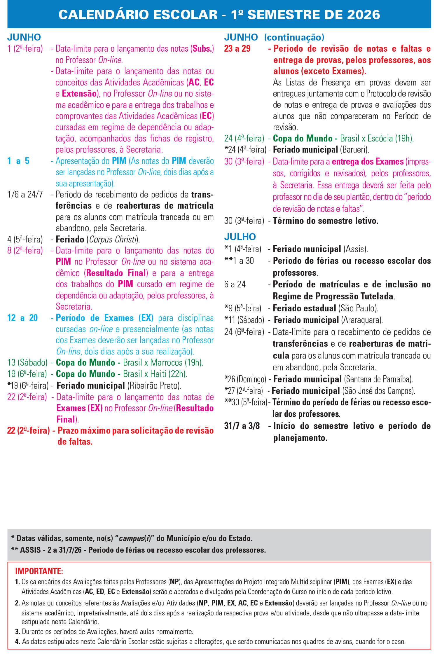 Calend&aacute;rio 2026/1 - De junho a julho de 2026