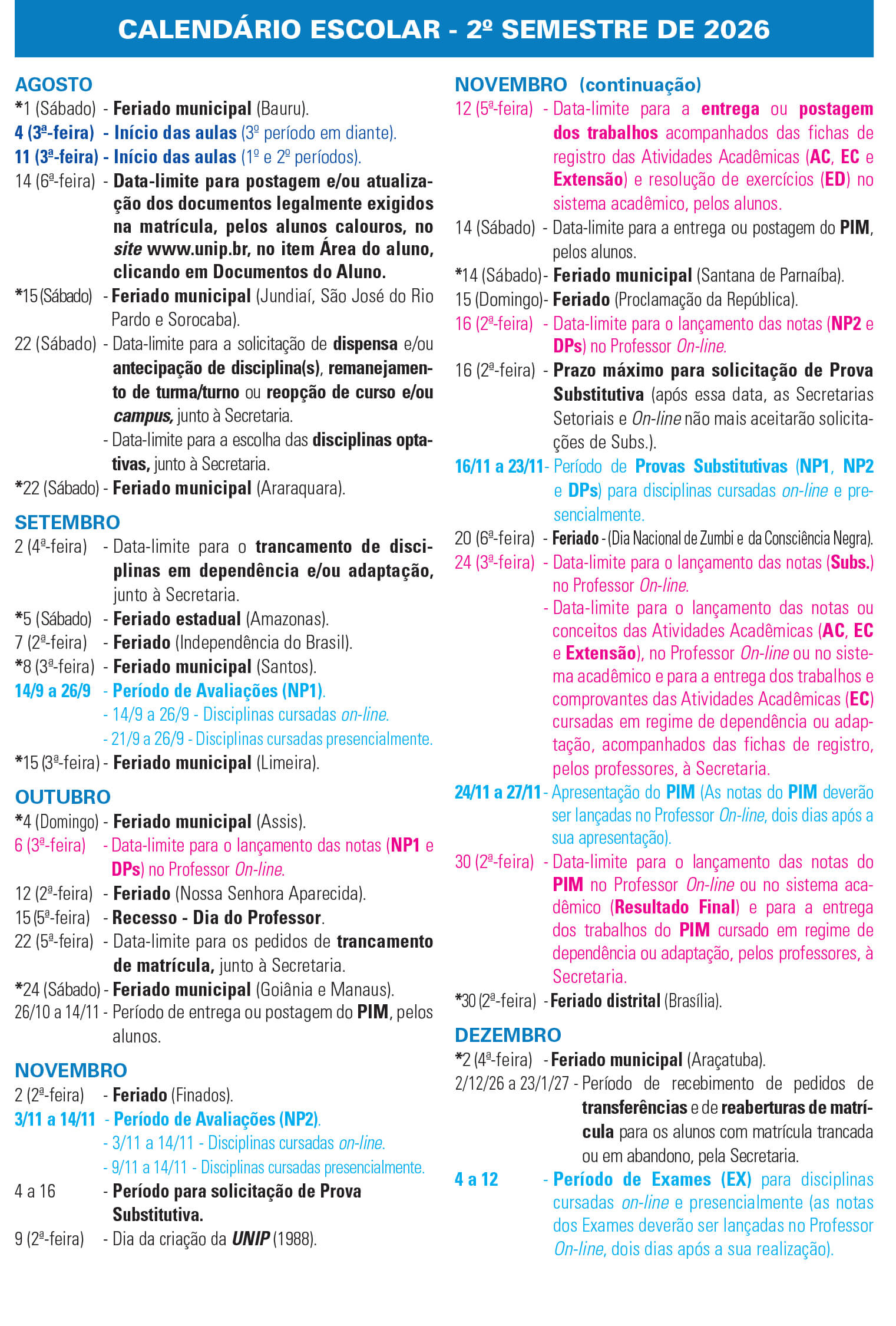 Calend&aacute;rio 2026/2 - De agosto de 2026 a dezembro de 2026