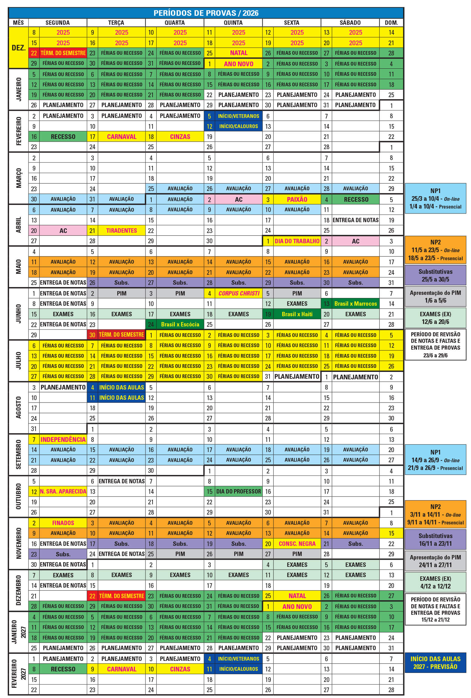 Per&iacute;odos de Provas 2026