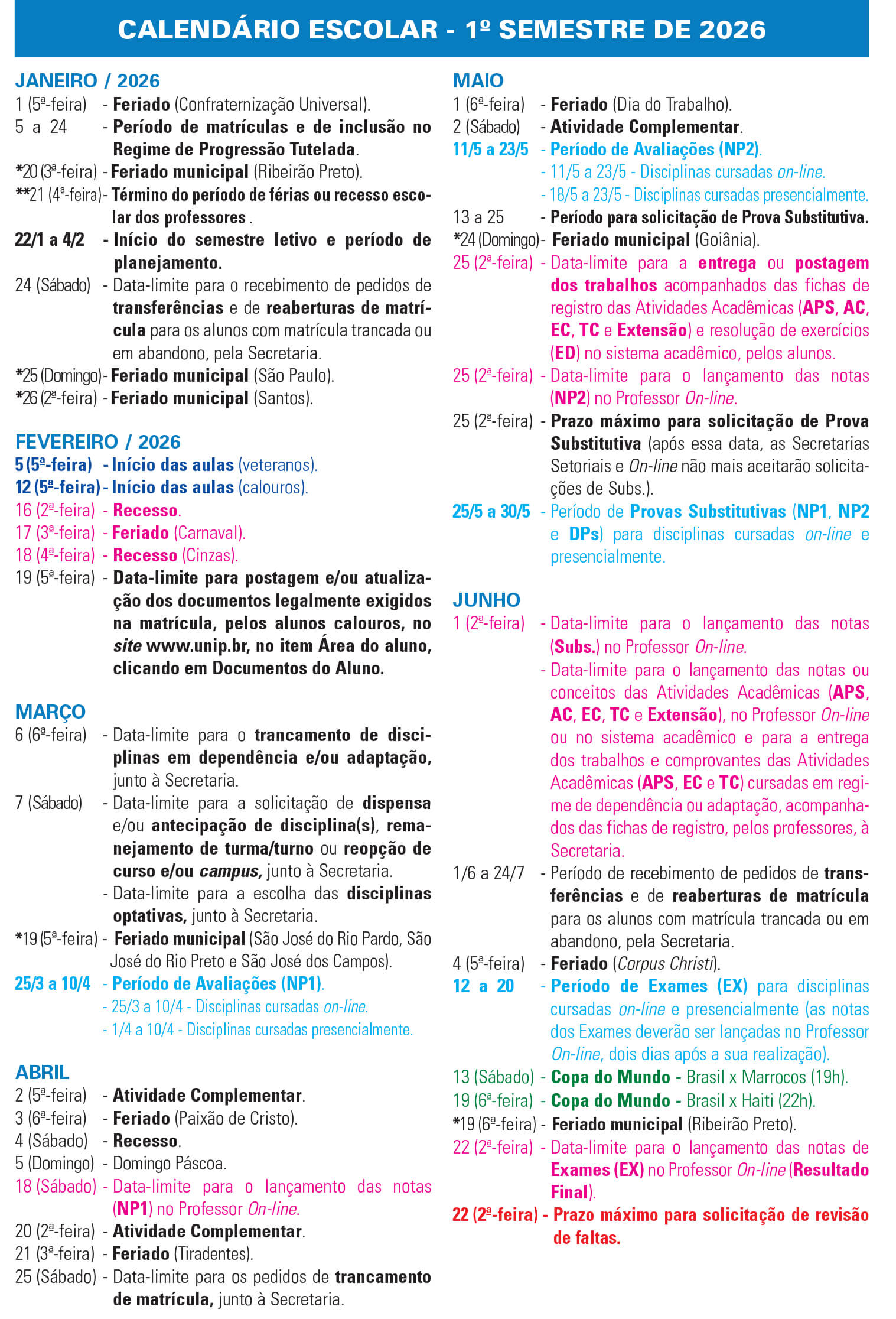Calend&aacute;rio 2026/1 - De janeiro a junho de 2026