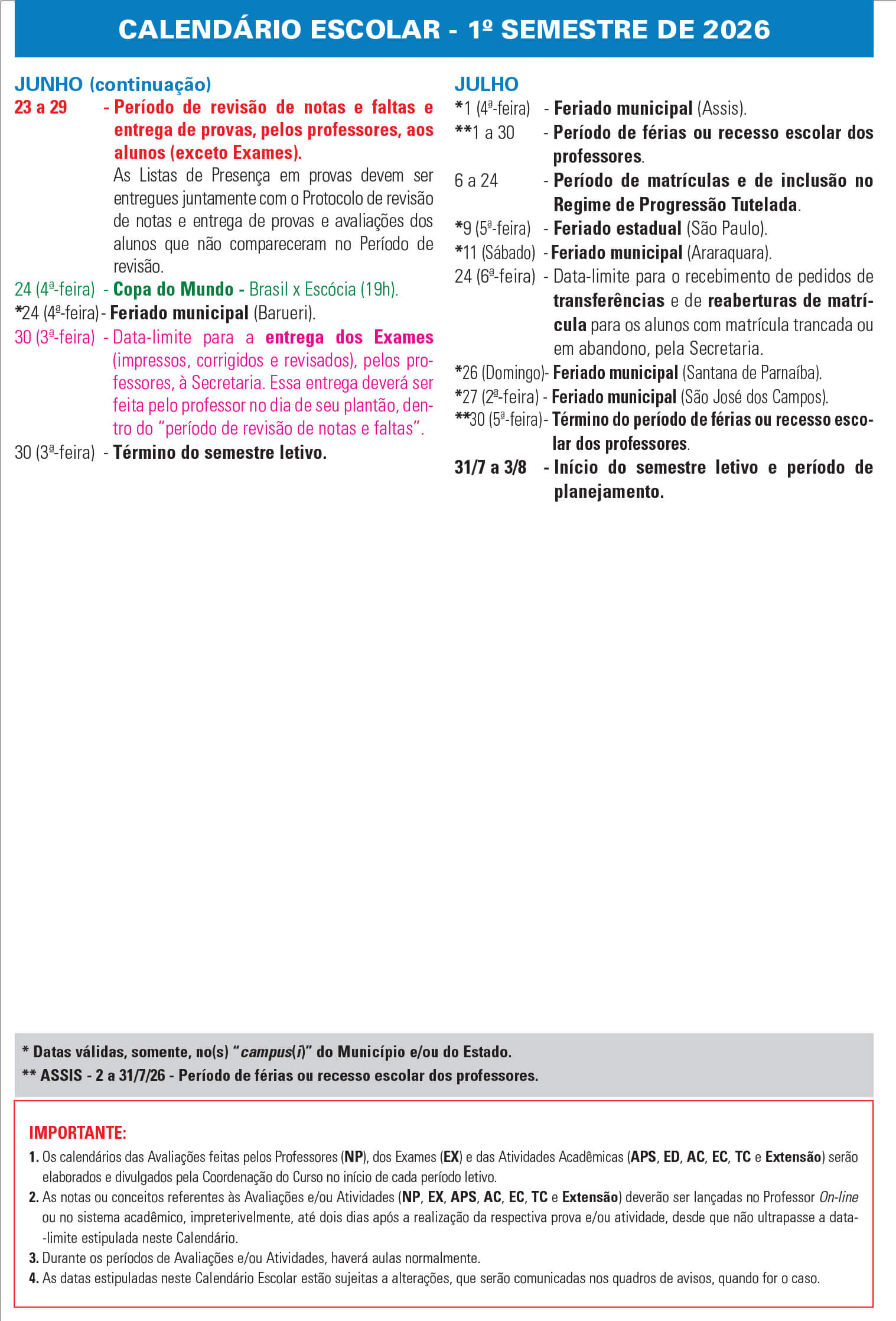 Calend&aacute;rio 2026/1 - De junho a julho de 2026